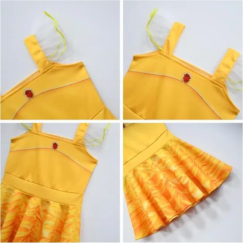 Vista 3 de Vestido de campana para niñas, vestido de princesa amarillo, vestido de verano con cuello cuadrado, dobladillo con volantes, vestido casual
