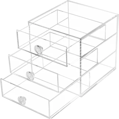 Vista 4 de AJIODA Caja organizadora de cajones de maquillaje con 3 cajones, vitrina de acrílico para cosméticos, organizador de tocador, caja de almacenamiento