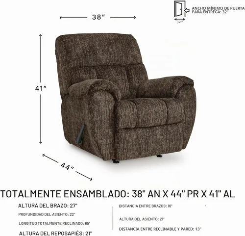 Vista 3 de Signature Design by Ashley Rampant Sillón Mecedora Reclinable Casual Manual con Brazos Acolchados, Marrón Oscuro Chocolate
