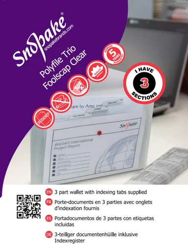 Vista 2 de Snopake 14966 Polyfile Trio Foolscap - Cartera con 3 bolsillos con botón de presión y pestañas, transparente clásico (paquete de 5)