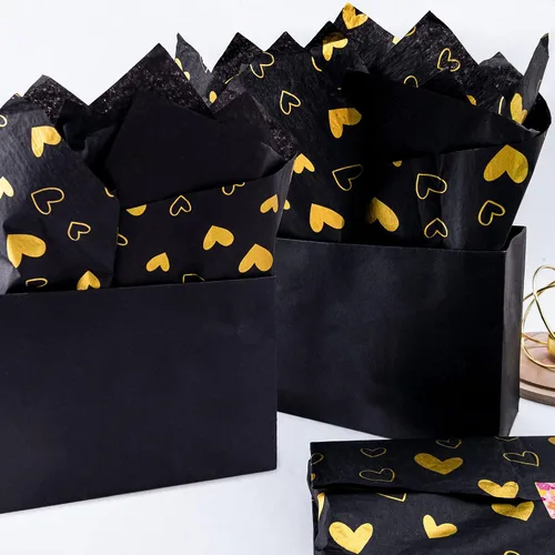 Vista 2 de MR FIVE Papel de seda de corazón negro dorado de gran tamaño, 20 x 28 pulgadas, papel de seda con diseño de corazón negro dorado para bolsas
