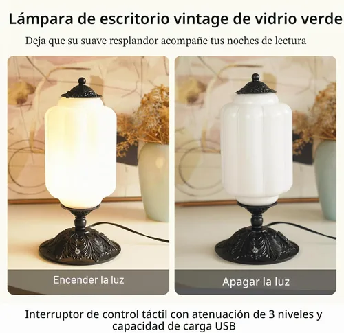 Vista 2 de Lámpara de mesa vintage de vidrio de leche con control táctil, elegante lámpara de noche de vidrio blanco regulable de 3 vías con puertos de carga