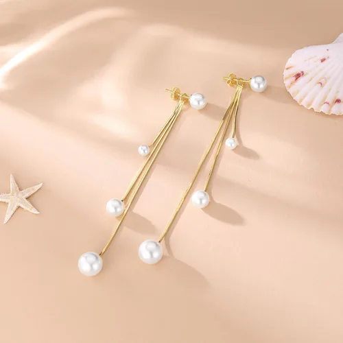 Vista 6 de SLUYNZ Aretes colgantes de plata de ley con perlas para mujeres, adolescentes, aretes colgantes de boda con borla larga B-amarillo
