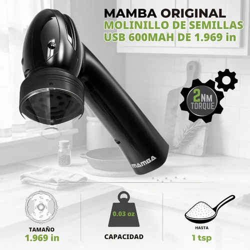 Vista 2 de Mamba Lite - Molinillo eléctrico de especias, molinillo de cocina recargable USB-C para hierbas culinarias secas y condimentos, color negro
