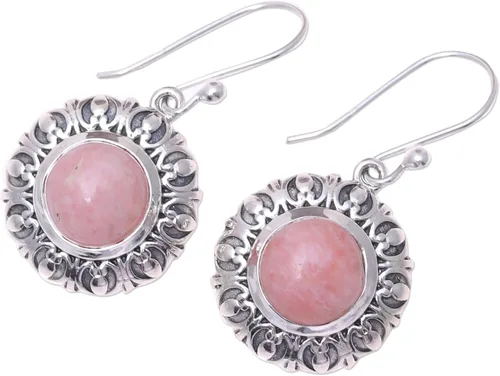 Vista 2 de NOVICA Aretes colgantes hechos a mano de plata de ley 925 con ópalo, piedra natal redonda de la India rosa 1.4 pulgadas de largo x 0.8 pulgadas