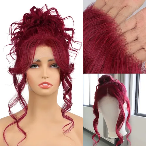 Vista 5 de IUPin Peluca de cabello humano color burdeos 360 con encaje frontal, pelucas de cabello humano 99J ondulado con correa oculta, sin pegamento Peluca