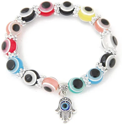 Vista 4 de Caiyao Juego de pulseras multicolor con cuentas de ojo malvado de la suerte amuleto turco Hamsa mal de ojo pulsera elástica elástica para mujeres