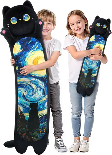 Vista 15 de Mewaii Peluche de gato largo, 5 tamaños, 120% relleno extra, almohada gigante para el cuerpo de los niños, lindo peluche Kawaii de ojos grandes