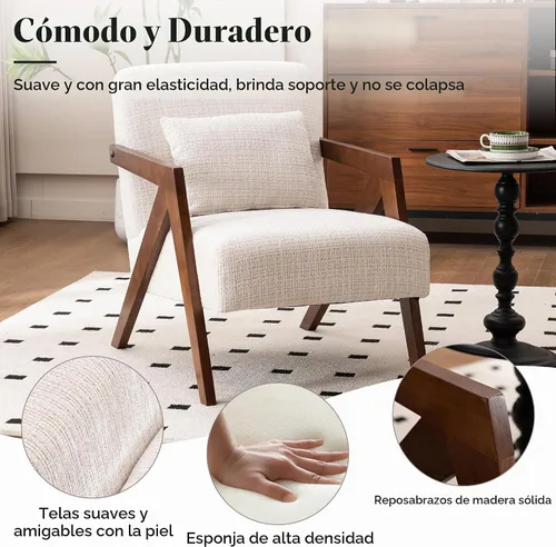 Vista 3 de Silla con acento moderno de mediados de siglo con marco de madera maciza, sillas tapizadas de chenilla para sala de estar con cojín para dormitorio