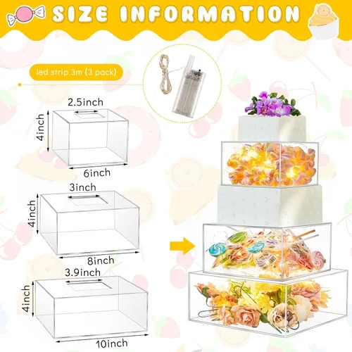 Vista 2 de Sintuff 3 soportes cuadrados de acrílico para tartas, 3 niveles, transparente, rellenable, con cadena de luces LED, soporte para cupcakes con tapa