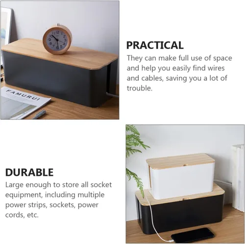 Vista 9 de Toyvian Cable Storage Box Power Line Manager with Natural Wood Lid, Medium Black Charging Cable Organizer for Home and Office Cord Management