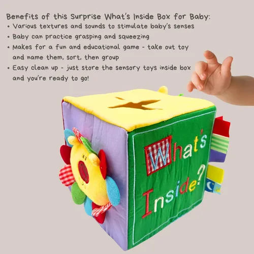Vista 6 de Genius Baby Toys Caja de regalo y juego original de sorpresa, bordado a mano con 8 juguetes sensoriales y táctiles de felpa para bebés, cubo