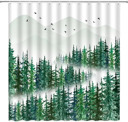 Vista 5 de Cortina de ducha de bosque brumoso, pino, acuarela, abstracta, selva, montaña, planta azul, rústico, misterioso, paisaje, decoración de baño