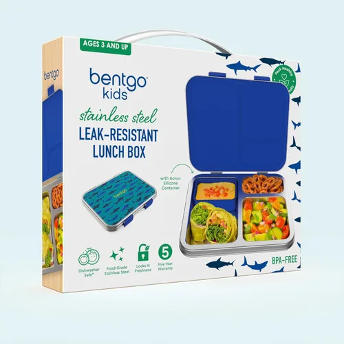 Vista 9 de Bentgo Kids Prints - Lonchera de acero inoxidable con 3 compartimentos Tiburón