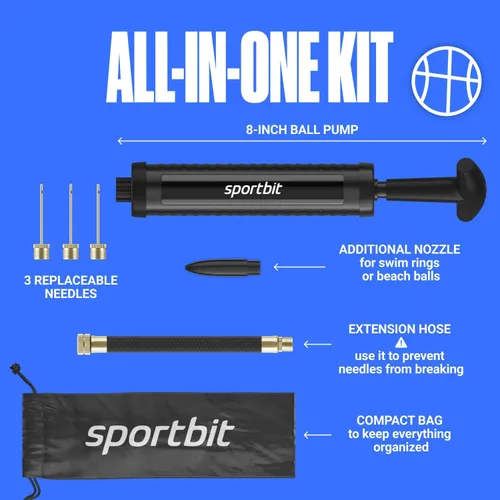 Vista 2 de SPORTBIT Basketball Pump – Ball Pump for Sports Balls with Push & Pull Inflating System – Hand Pump for Basketball, Volleyball, Soccer & Football