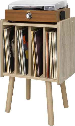 Vista 7 de Soporte para tocadiscos, mesa de almacenamiento de discos de vinilo con 4 gabinetes, soporte giratorio moderno de mediados de siglo, mesa