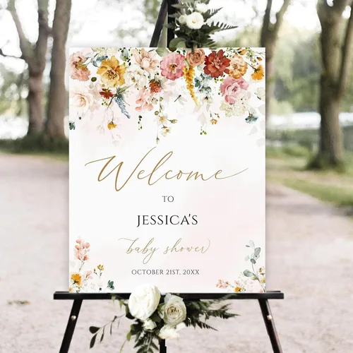 Vista 22 de Cartel de bienvenida personalizado para baby shower, cartel de bienvenida floral de niña, póster de bienvenida de rubor rosa Versión #1