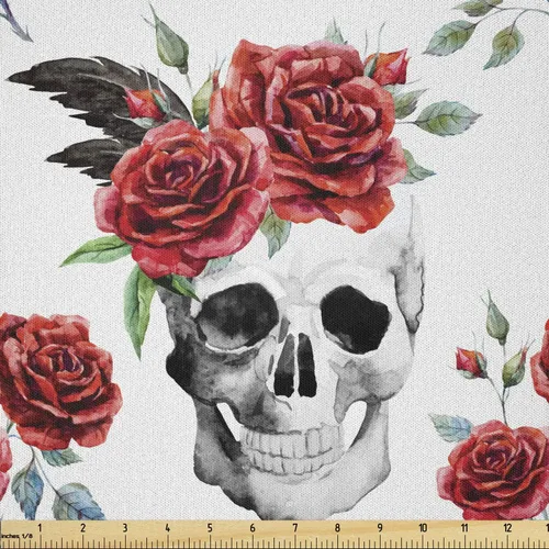 Vista 107 de Ambesonne The Yard, tela de calavera colorida con temática de Halloween, diseño de calavera y huesos cruzados, divertido estampado de dibujos