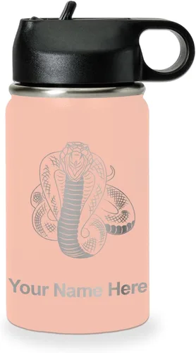 Vista 47 de LaserGram Botella de agua personalizada, serpiente de cobra, acero inoxidable de doble pared aislada al vacío con popote superior, regalo grabado