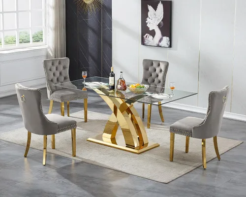 Vista 37 de Juego de mesa de comedor de cristal plateado moderno de 70 pulgadas para 4, juego de mesa de comedor rectangular de 5 piezas con patas de acero