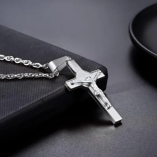 Vista 3 de PROSTEEL Collar de cruz de acero inoxidable Crucifijo Jesús pieza colgante grande religioso cristiano joyería hombres mujeres joyería regalo