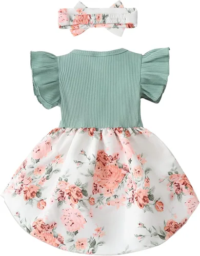 Vista 4 de Vestido de niña recién nacida, floral, manga con volantes, casual, vestido de playa, vestido de princesa con falda de princesa, vestidos de verano