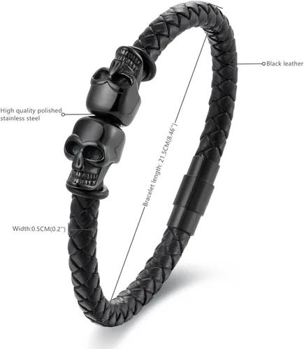 Vista 2 de Pulsera de cuero trenzado negro para hombre, acero inoxidable, dos encantos de calavera, gótica