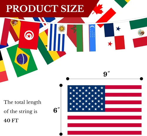 Vista 2 de Bandera de copa del mundo 2026 de 6 x 9 pulgadas, banderines de 48 países de 40 pies, banderas de cuerda para decoración de fiestas, gran apertura