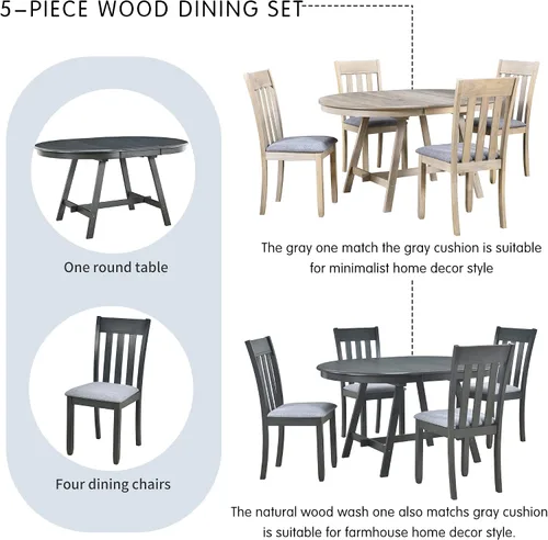 Vista 9 de Juego de mesa de comedor de madera de 5 piezas, mesa de comedor redonda extensible con 4 sillas de comedor, juego de mesa de cocina