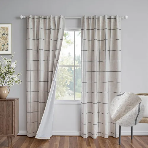Vista 13 de MYSKY HOME Cortinas de Lino a Cuadros 100% Opacas de 45 Pulgadas de Largo de Doble Capa Estilo Granja con Aislamiento Térmico Estampado a Cuadros