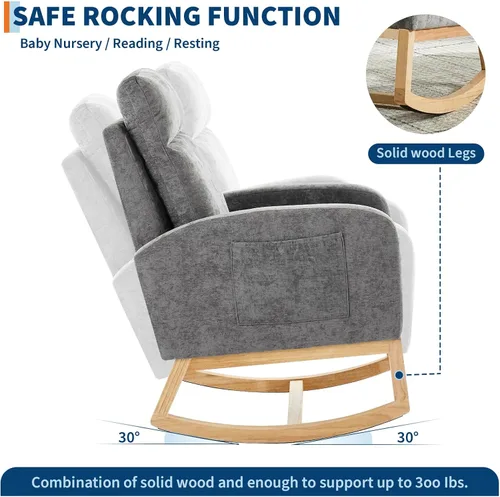 Vista 5 de Mecedora moderna para guardería, tapizada de lino con respaldo de 26 pulgadas de alto, asiento acolchado para sala de estar, dormitorio, lectura