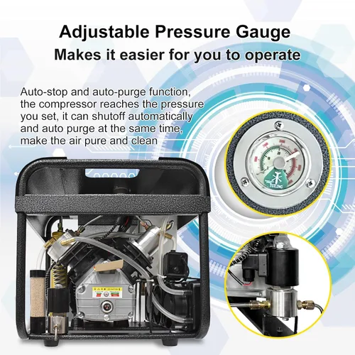 Vista 2 de TUXING Compresor PCP de 4500 PSI, compresor de aire de buceo de alta presión, parada automática y purga automática, filtro de agua dual integrado