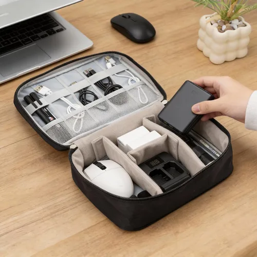 Vista 8 de Bolsa organizadora de cables, funda de viaje para accesorios electrónicos, bolsa de almacenamiento impermeable de doble capa para cargador, cable