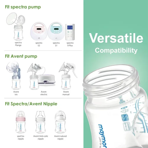 Vista 2 de Maymom Botella de recolección de leche de boca ancha con tapa de cúpula, parte superior de botella, disco SureSeal; compatible con botellas Spectra