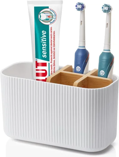 Vista 13 de GFWARE Soporte para cepillos de dientes negro – Portacepillos de dientes de bambú para baños, organizador de cepillos de dientes eléctrico
