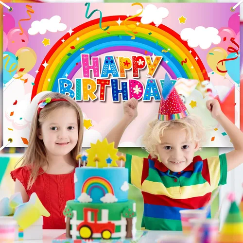 Vista 4 de Remerry Telón de fondo de cumpleaños arcoíris para niñas, colorido decoración de fiesta de feliz cumpleaños, pancarta para niñas, niños y adultos