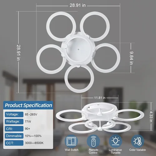 Vista 4 de Lámpara de techo LED, lámpara de techo moderna de 6 anillos, 77 W regulable 3000K a 6500K, luz de techo blanca con control remoto para sala