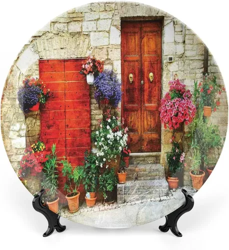 Vista 19 de Plato decorativo de 6 pulgadas, cerámica toscana, antigua calle italiana en pequeña ciudad provincial de Italia, placa de exhibición europea hecha a