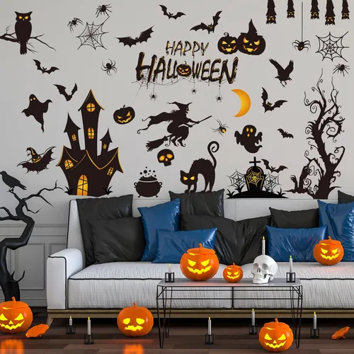 Vista 5 de AnyDesign Calcomanías de pared de Halloween, calcomanías de pared de murciélagos y castillo antiguo, calcomanías de arte de pared extraíbles