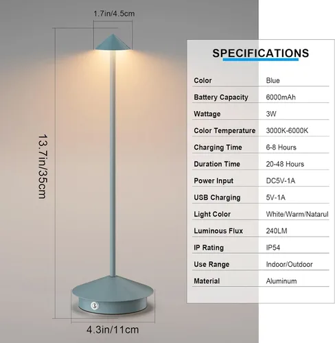 Vista 4 de Paquete de 2 lámparas de mesa LED recargables de 6000 mAh, inalámbricas, 3000 K-6000 K, lámparas táctiles de atenuación continua con función