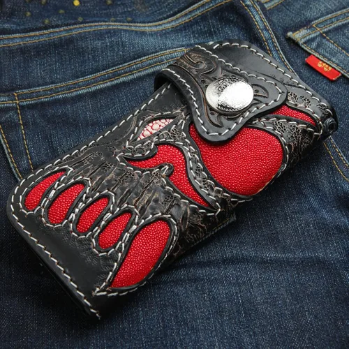 Vista 2 de Cartera Biker Rojo Demonio Stingray Cuero Tallado, rojo, (Red Demon), Moderno