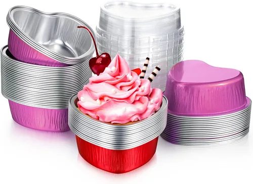 Vista 11 de Honeydak 50 juegos de moldes para tartas en forma de corazón de San Valentín con tapas, de papel de aluminio, 3.4 onzas, mini tazas desechables