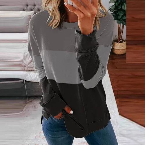 Vista 2 de Handyulong Sudaderas para mujer, sudadera casual de manga larga con cuello redondo y estampado a rayas