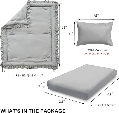 Vista 4 de Juego de ropa de cama de 3 piezas para cuna de bebé, edredón acolchado con volantes para bebé con sábana ajustable y funda de almohada - Ropa
