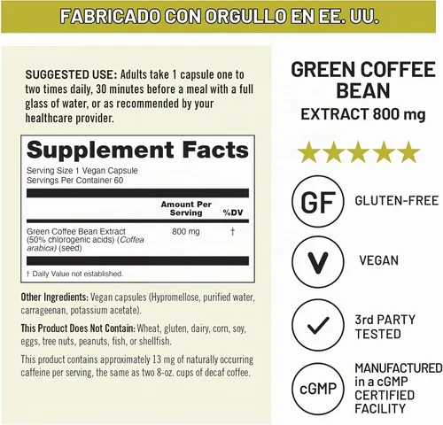 Vista 5 de NatureWise Extracto de grano de café verde, cápsulas de grano de café verde puro de 800 mg con 50% de soporte de ácido clorogénico