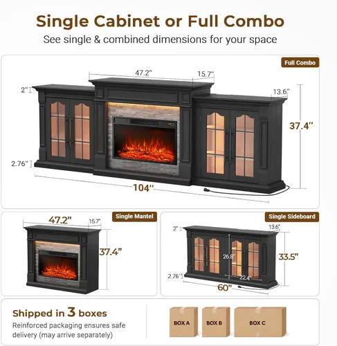 Vista 9 de 8-Color Electric Fireplace TV Stand, 104" Entertainment Center with Heater Negro