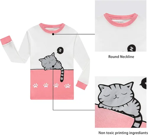 Vista 3 de KikizYe Conjunto de pijamas de manga larga para niñas pequeñas, 100% algodón