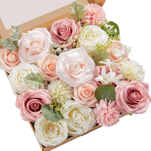 Vista 6 de Serwalin Flores artificiales, centros de mesa de flores rosas y blancas, decoración de boda para el hogar