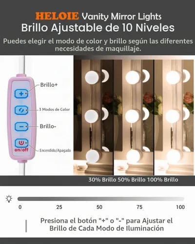 Vista 5 de Luces LED para Espejo de Tocador, Luces de Tocador para Iluminación de Espejo de Maquillaje, 10 Bombillas Regulables, Color de Luz y Brillo