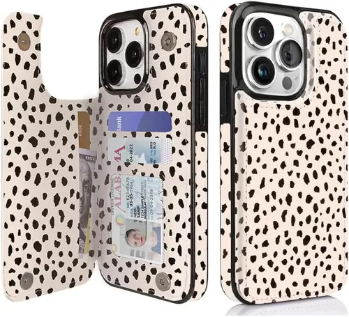Vista 18 de uCOLOR - Funda tipo cartera para iPhone 15 con tarjetero y diseño de lunares con leche de almendra Bloqueo RFID de piel sintética para mujeres